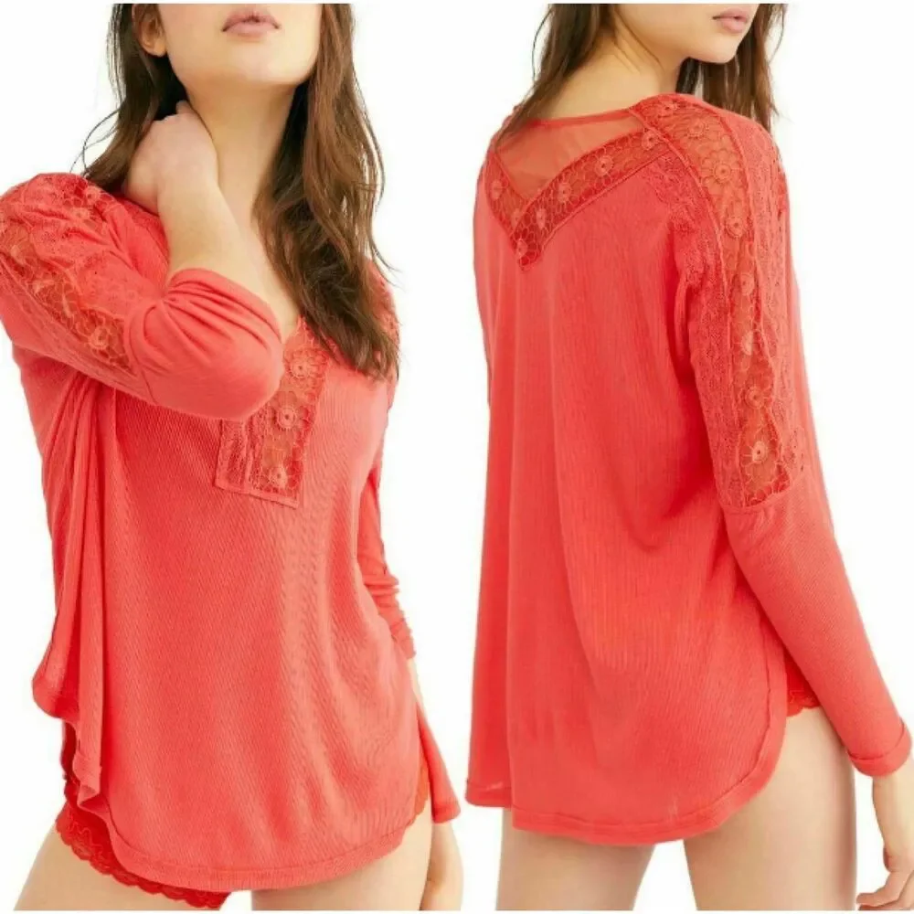 Free People Top Size XS Lola Tee Embroidered Mesh Lace V Neck‎ $78