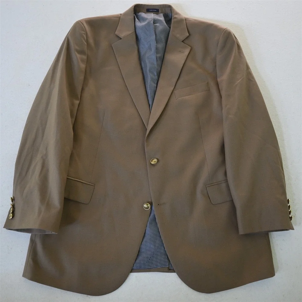 Stafford 48L Khaki 100%‎ Wool Gold Button Mens Blazer Suit Jacket Sport Coat