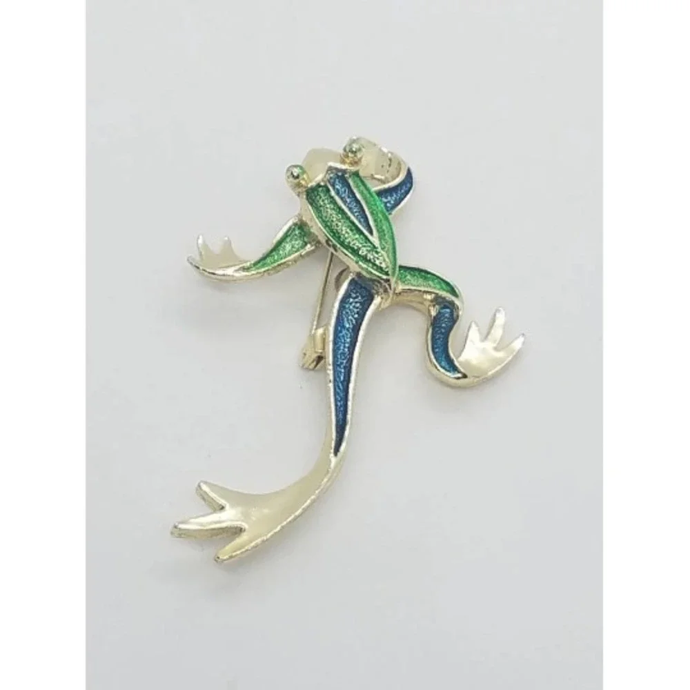 Vintage GERRY'S Stylized Jumping Leaping Frog Brooch‎ Pin Teal Enamel Gold Tone